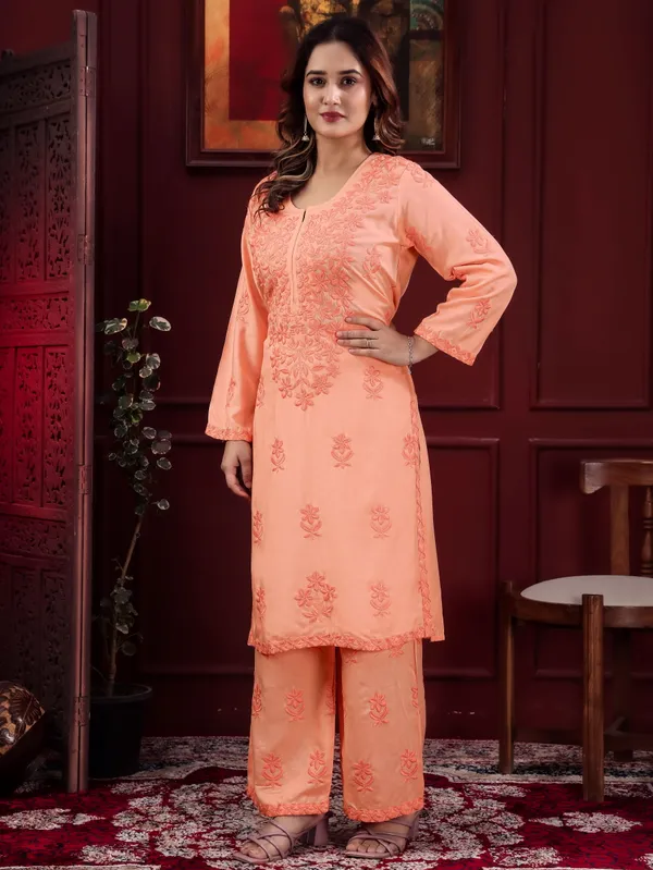 Peach_Chikankari_Embroidered_Rayon_Kurta_Palazzo_Set