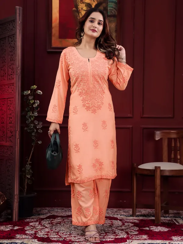 Peach_Chikankari_Embroidered_Rayon_Kurta_Palazzo_Set