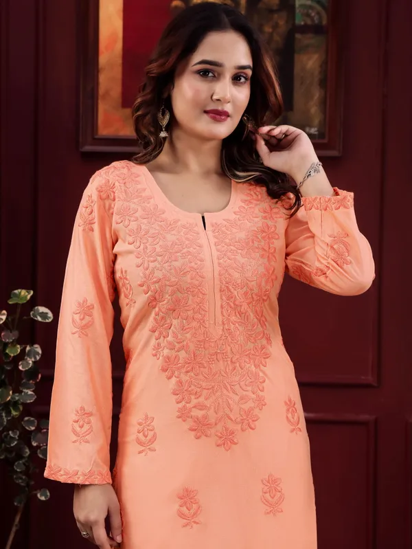 Peach_Chikankari_Embroidered_Rayon_Kurta_Palazzo_Set