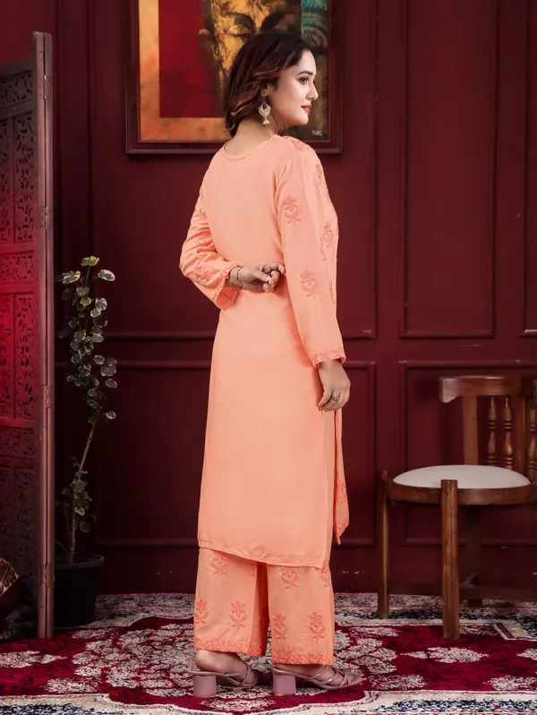 Peach_Chikankari_Embroidered_Rayon_Kurta_Palazzo_Set