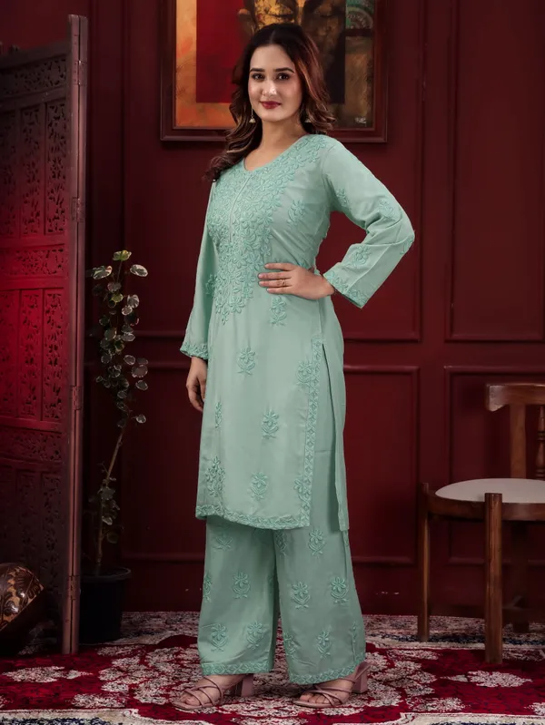 Rudra_Lifestyle_Sea_Green_Chikankari_Embroidered_Rayon_Kurta_Palazzo_Set