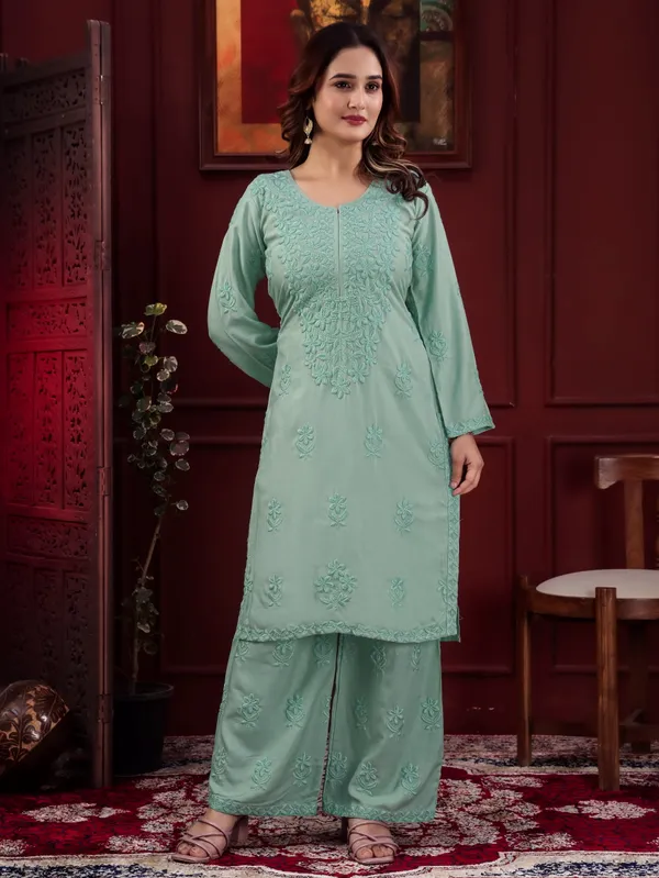 Rudra_Lifestyle_Sea_Green_Chikankari_Embroidered_Rayon_Kurta_Palazzo_Set
