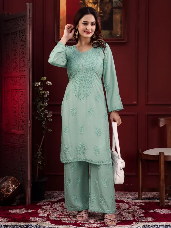 Rudra_Lifestyle_Sea_Green_Chikankari_Embroidered_Rayon_Kurta_Palazzo_Set
