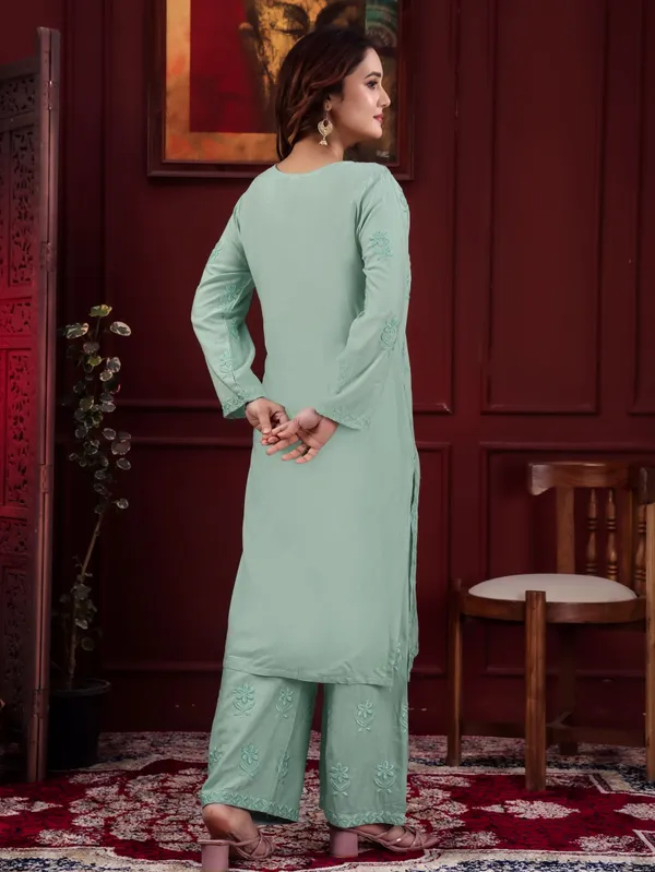 Rudra_Lifestyle_Sea_Green_Chikankari_Embroidered_Rayon_Kurta_Palazzo_Set