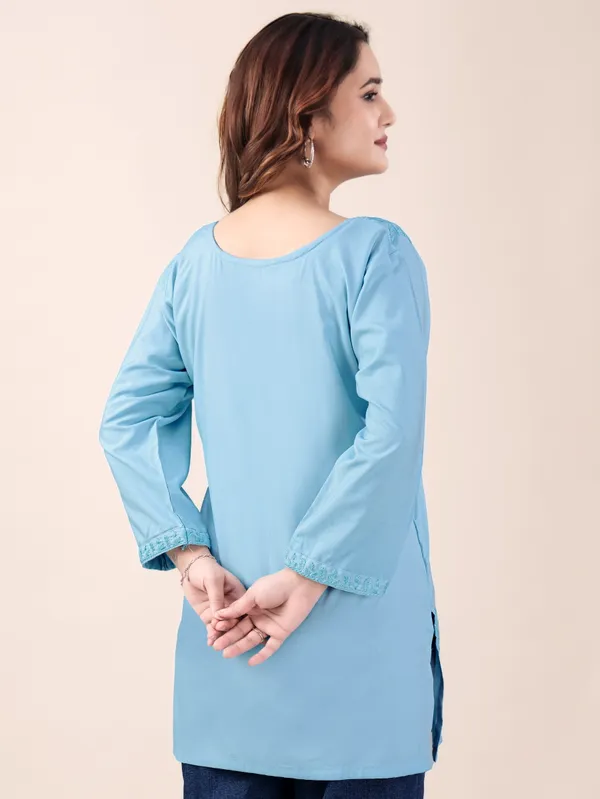 Sky_Blue_Chikankari_Embroidered_Rayon_Short_Kurti