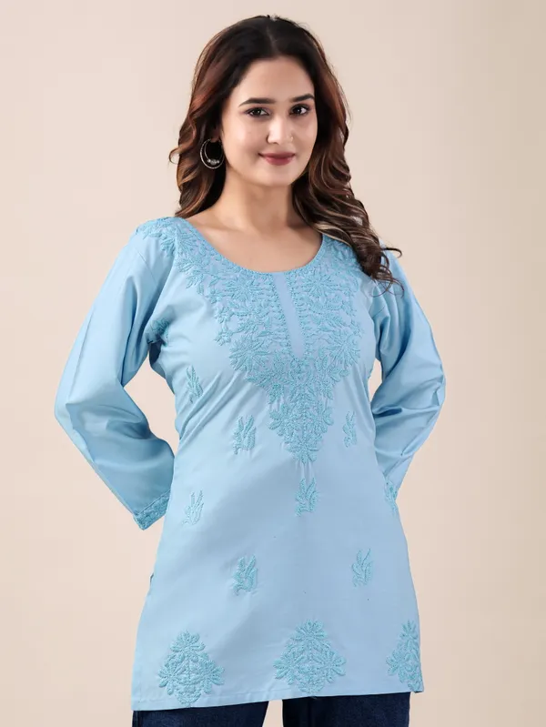 Sky_Blue_Chikankari_Embroidered_Rayon_Short_Kurti