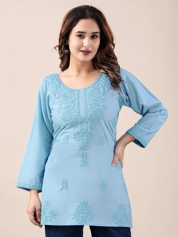 Sky_Blue_Chikankari_Embroidered_Rayon_Short_Kurti