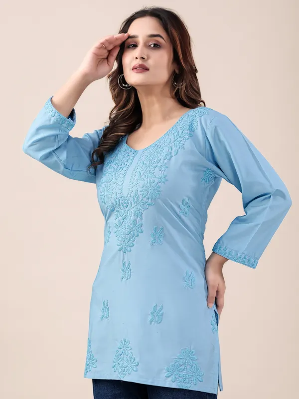 Sky_Blue_Chikankari_Embroidered_Rayon_Short_Kurti
