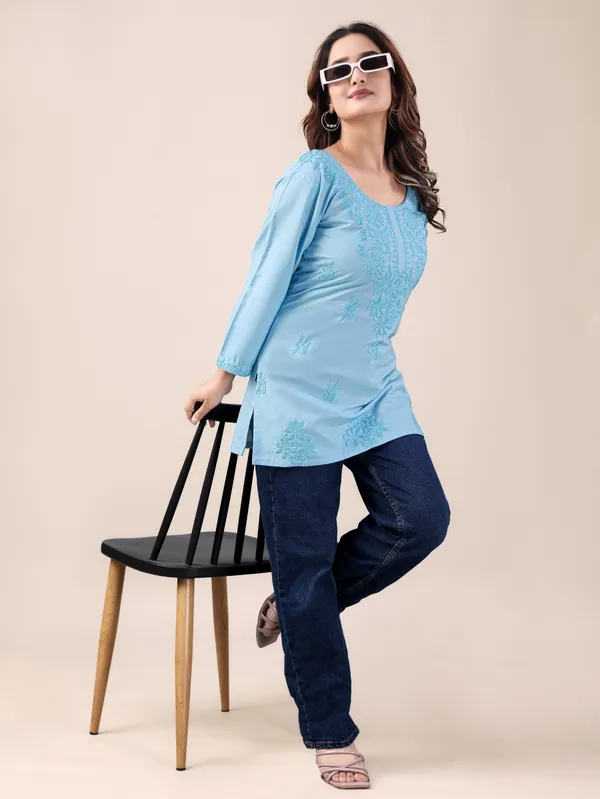 Sky_Blue_Chikankari_Embroidered_Rayon_Short_Kurti