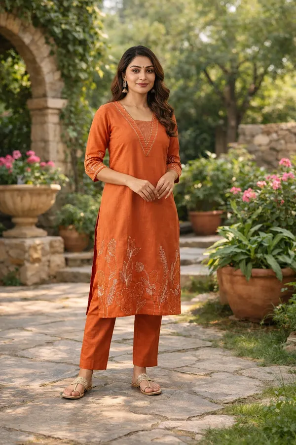 Orange_Cotton_Kurta_Set_For_Women_(3Pc)