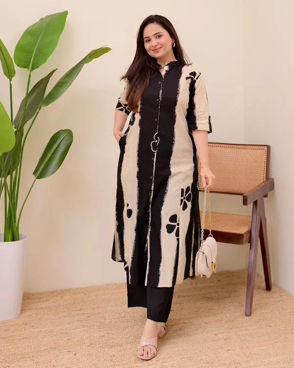 Black_&_Cream_Printed_Long_Kurta_with_Black_Straight_Pants