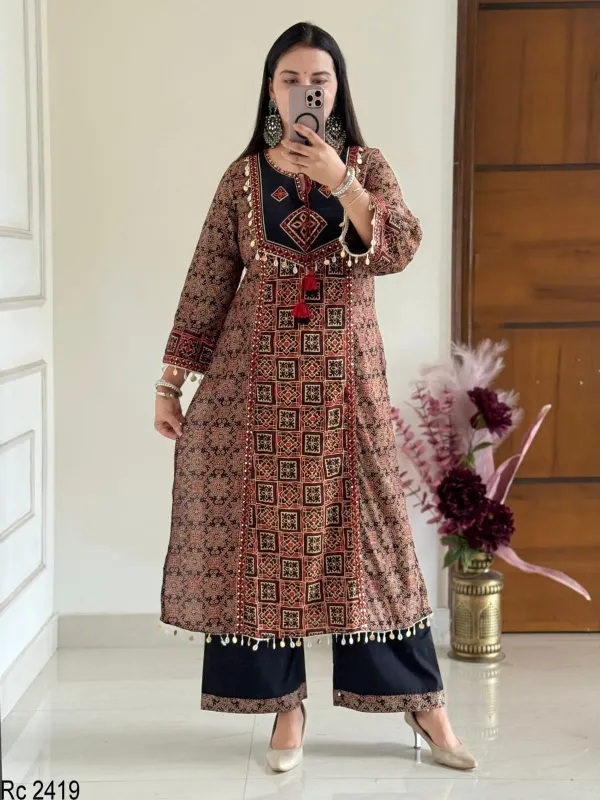 Black_&_Rust_Printed_A-Line_Kurta_Set_with_Embroidered_Yoke