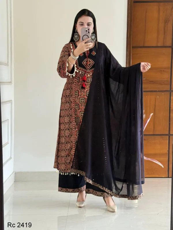 Black_&_Rust_Printed_A-Line_Kurta_Set_with_Embroidered_Yoke