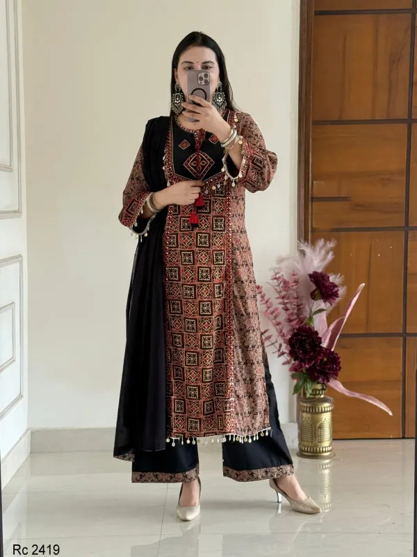 Black_&_Rust_Printed_A-Line_Kurta_Set_with_Embroidered_Yoke