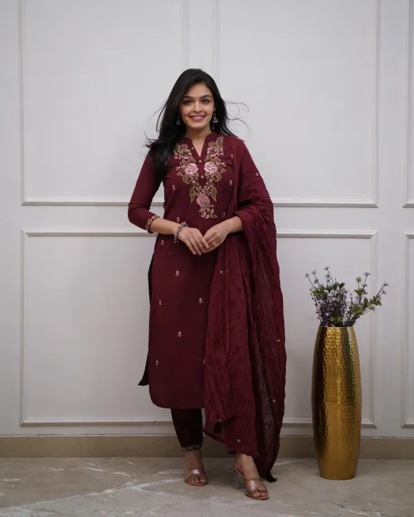 Maroon_Cotton_Suit_Set_For_Women_(3Pc)
