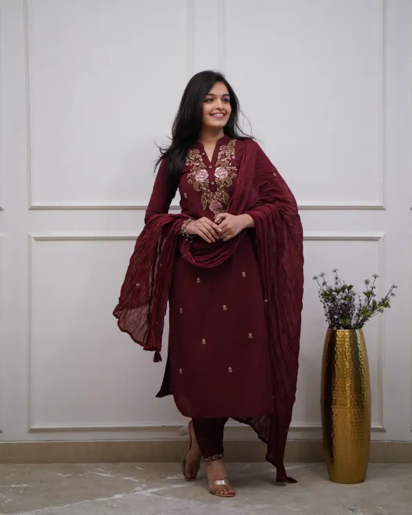 Maroon_Cotton_Suit_Set_For_Women_(3Pc)