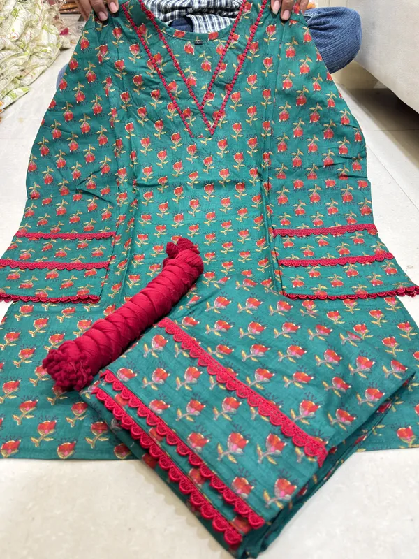 Elegant_Teal_Floral_Printed_Punjabi_Suit_with_Red_Dupatta