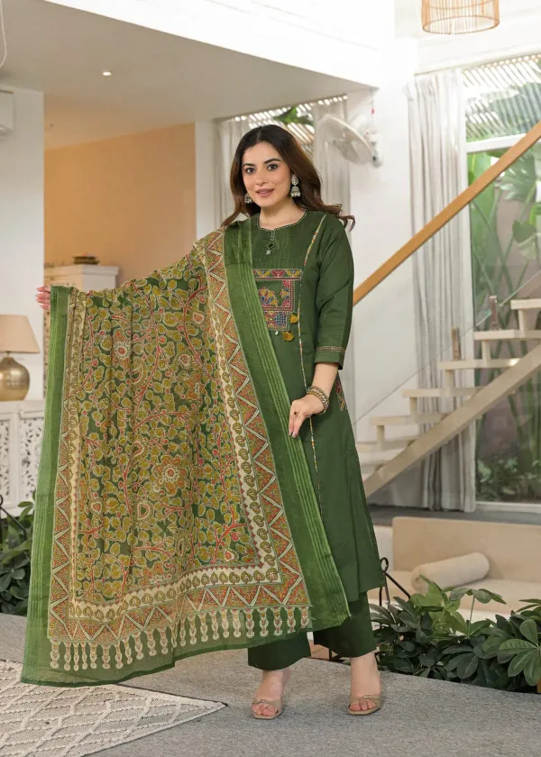 Forest_Green_Embroidered_Kurta_Set_with_Printed_Dupatta