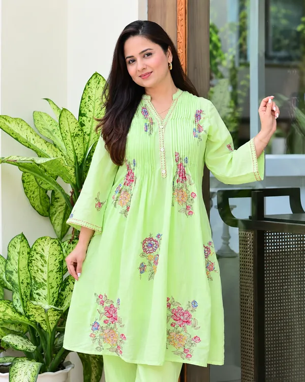 Jaipuri_Clothing_Women’s_Green_Cotton_Kurta_with_Floral_Embroidery_&_Flared_Design