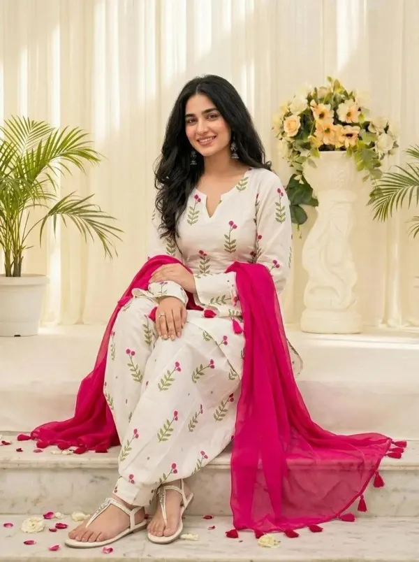 White_Floral_Printed_Cotton_Farsi_Kurta_Set_with_Fuchsia_Pink_Dupatta_for_Women