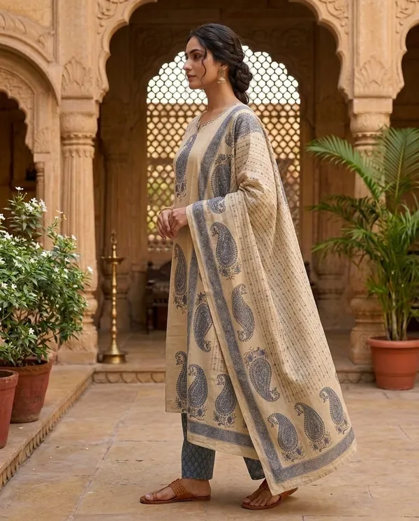Women’s_Beige_Printed_Kurta_Pant_Set_with_Paisley_Dupatta