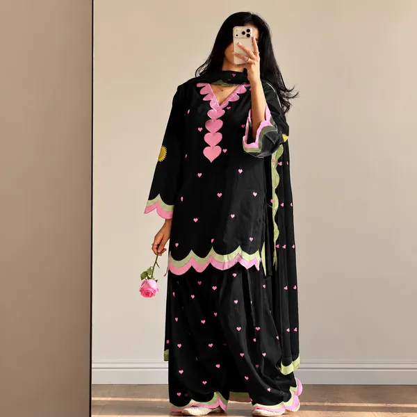 Women’s_Black_3-Piece_Ethnic_Suit_Set_with_Pink_Heart_Embroidery_&_Scalloped_Border