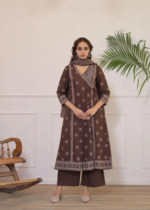 Women’s_Chocolate_Brown_Printed_Cotton_Kurta_with_Palazzo_&_Dupatta_Set