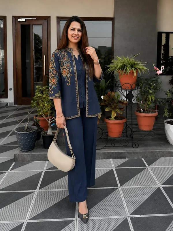Women’s_Navy_Blue_Embroidered_Kurta_Pant_Set_with_Printed_Jacket