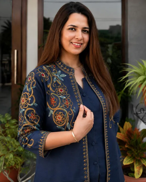 Women’s_Navy_Blue_Embroidered_Kurta_Pant_Set_with_Printed_Jacket