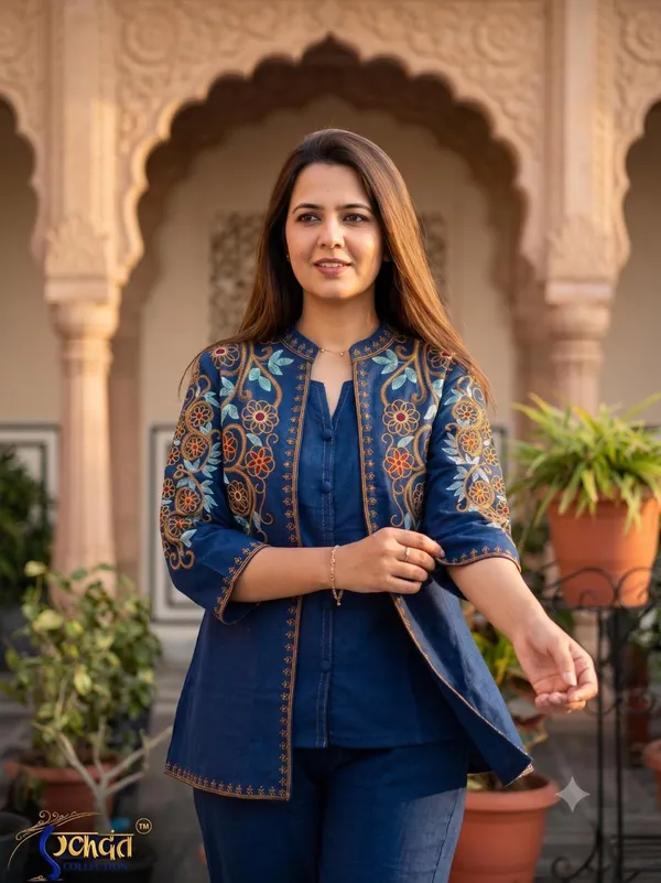 Women’s_Navy_Blue_Embroidered_Kurta_Pant_Set_with_Printed_Jacket
