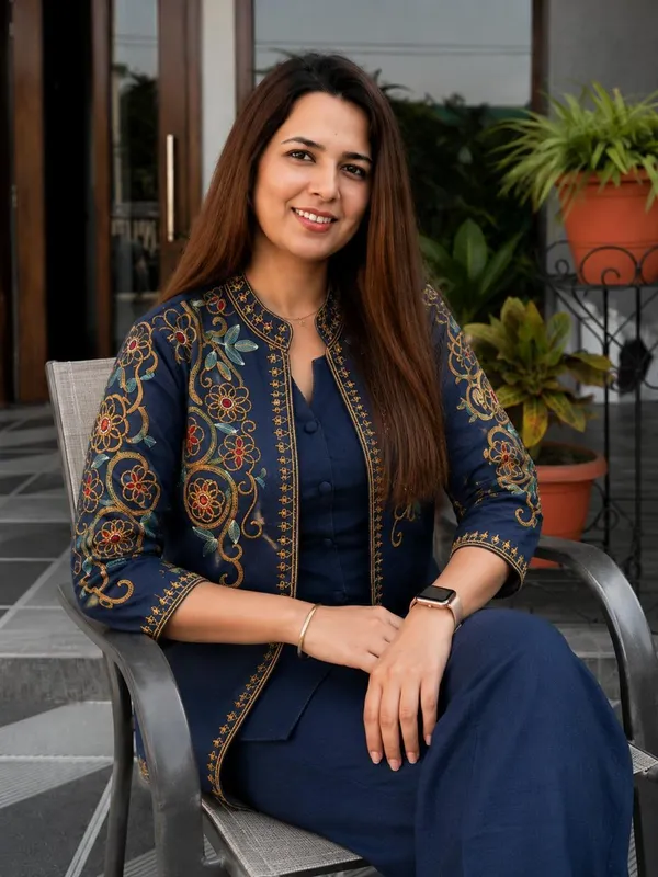 Women’s_Navy_Blue_Embroidered_Kurta_Pant_Set_with_Printed_Jacket