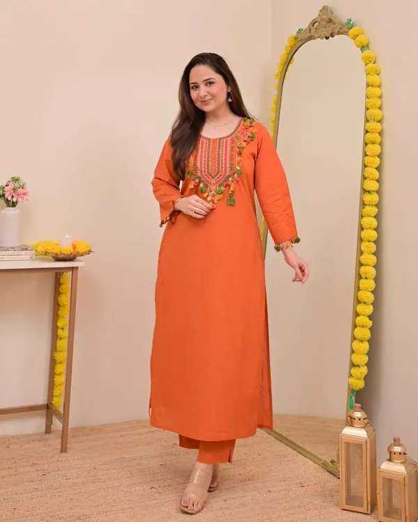 Women’s_Orange_Straight_Kurta_with_Embroidered_Neckline_&_Matching_Pants_Set