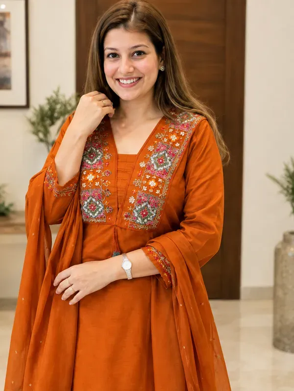 Women’s_Rust_Orange_Cotton_Straight_Kurta_Pant_Set_with_Multicolor_Embroidery_and_Matching_Dupatta_|_Jaipuri_Clothing
