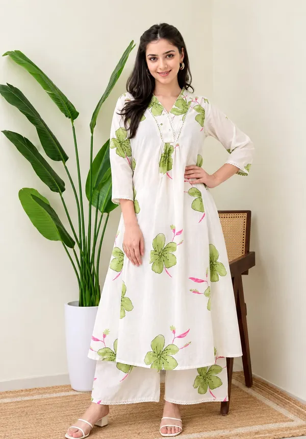 Women’s_White_Floral_Printed_Kurta_Pant_Set_with_V-Neck_&_3/4_Sleeves
