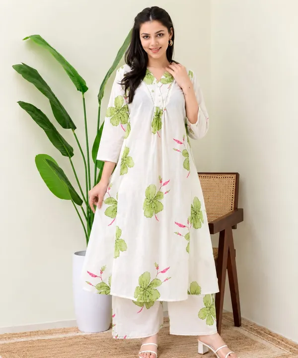 Women’s_White_Floral_Printed_Kurta_Pant_Set_with_V-Neck_&_3/4_Sleeves