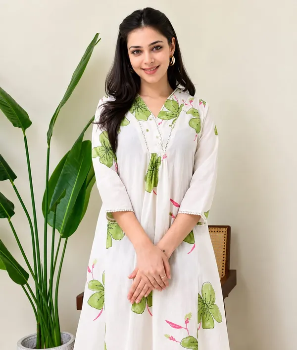 Women’s_White_Floral_Printed_Kurta_Pant_Set_with_V-Neck_&_3/4_Sleeves