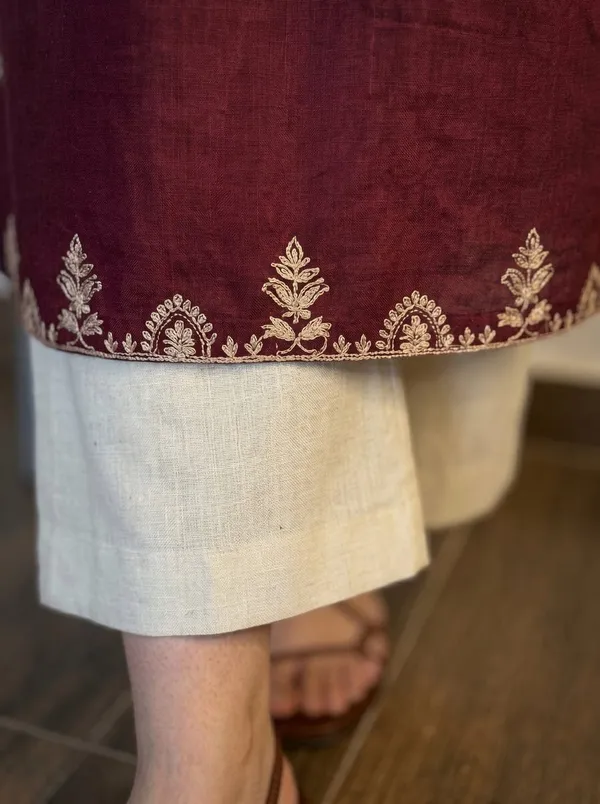 Women's_Maroon_Embroidered_Kurta_with_Off-White_Culotte_Pants