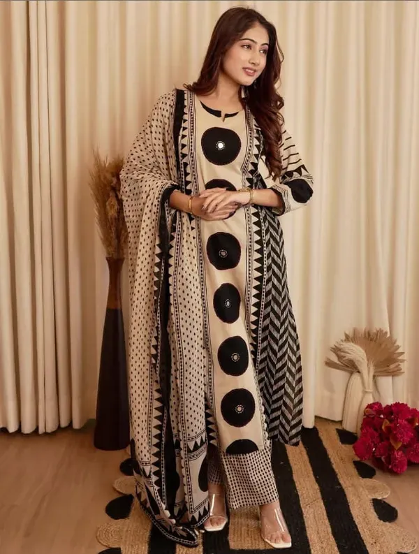 Beige_And_Black_Cotton_Kurta_Set_For_Women_(3Pc)
