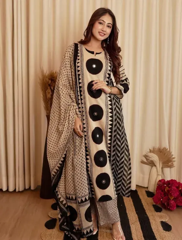 Beige_And_Black_Cotton_Kurta_Set_For_Women_(3Pc)