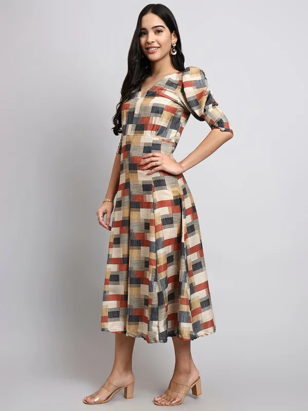 Multicolor_Checkered_Fit_And_Flare_Midi_Dress
