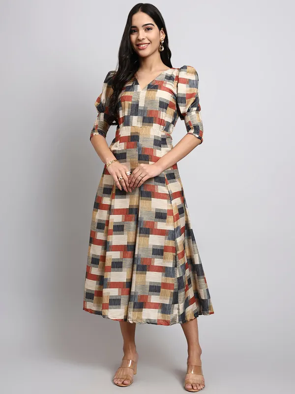 Multicolor_Checkered_Fit_And_Flare_Midi_Dress