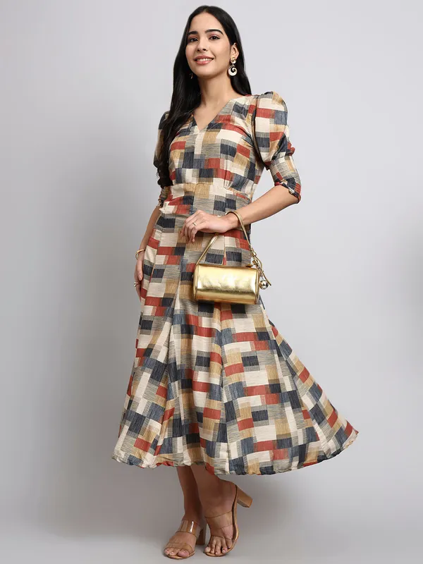Multicolor_Checkered_Fit_And_Flare_Midi_Dress
