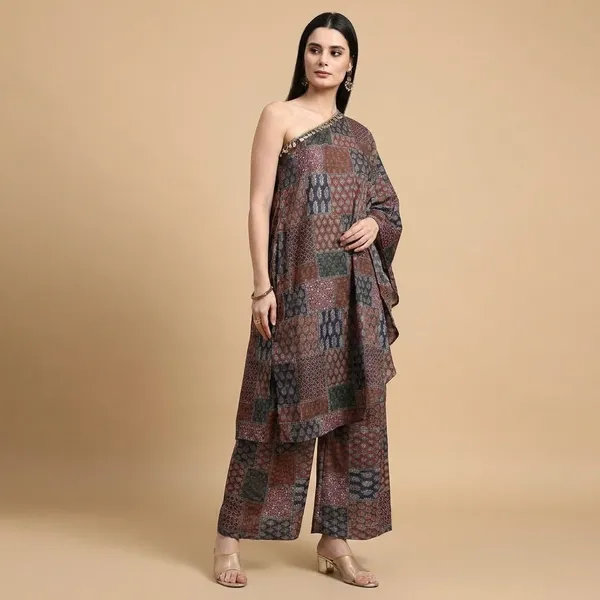Ranaa_Brown_Ajrakh_Print_One_Shoulder_Set