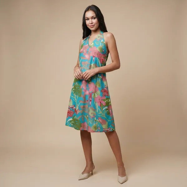 Turquoise_Blue_Tropical_Halter_Neck_Dress
