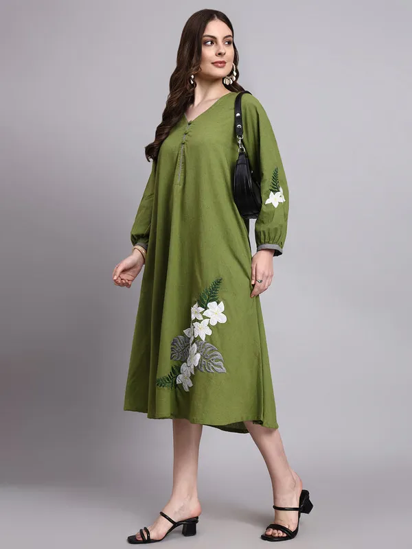Avni_Olive_Embroidered_Dress