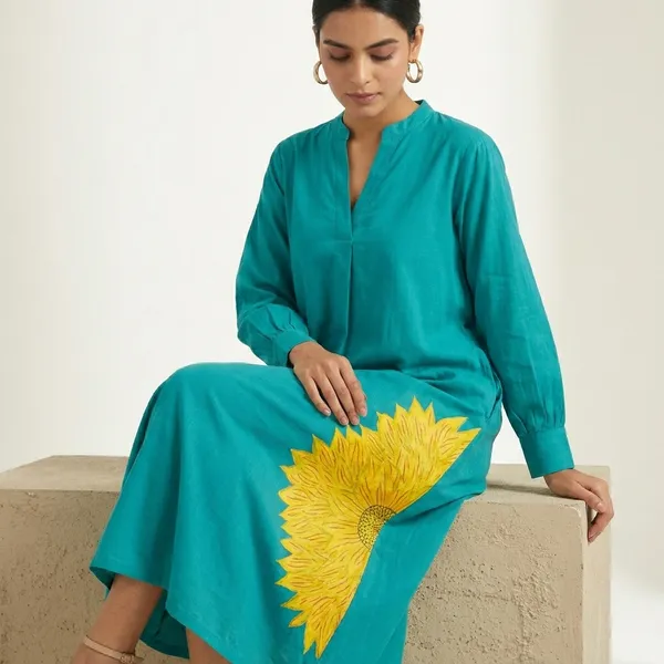Turquoise_Sunflower_Embroidery_Shirt_Dress