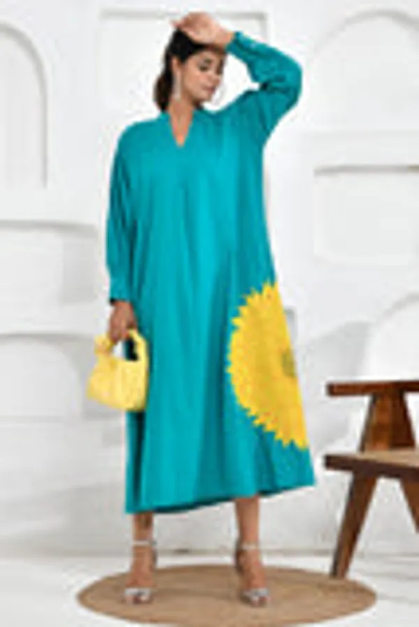 Turquoise_Sunflower_Embroidery_Shirt_Dress