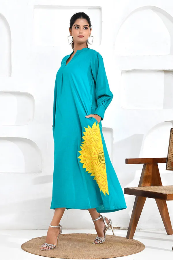 Turquoise_Sunflower_Embroidery_Shirt_Dress
