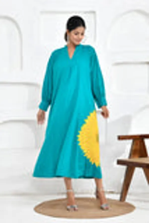 Turquoise_Sunflower_Embroidery_Shirt_Dress