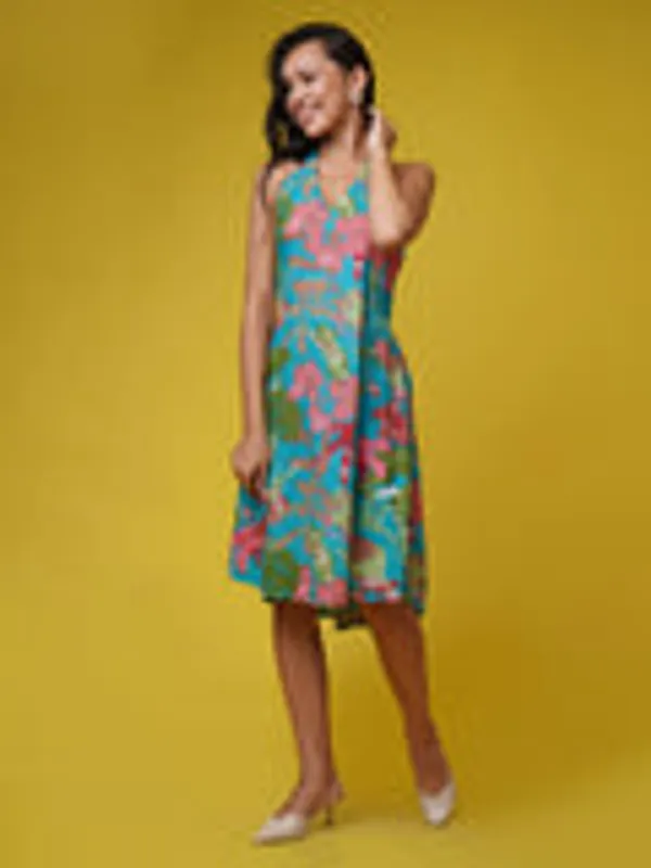 Turquoise_Blue_Tropical_Halter_Neck_Dress